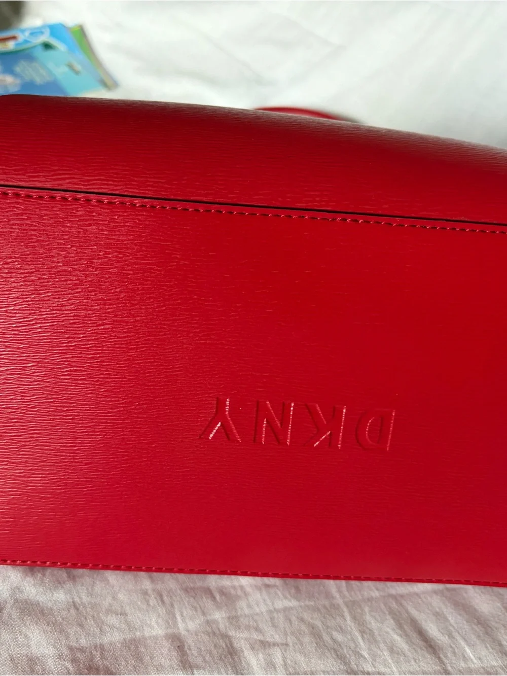DKNY Cherry Red Saffiano Leather Satchel Bag with Gold Hardware